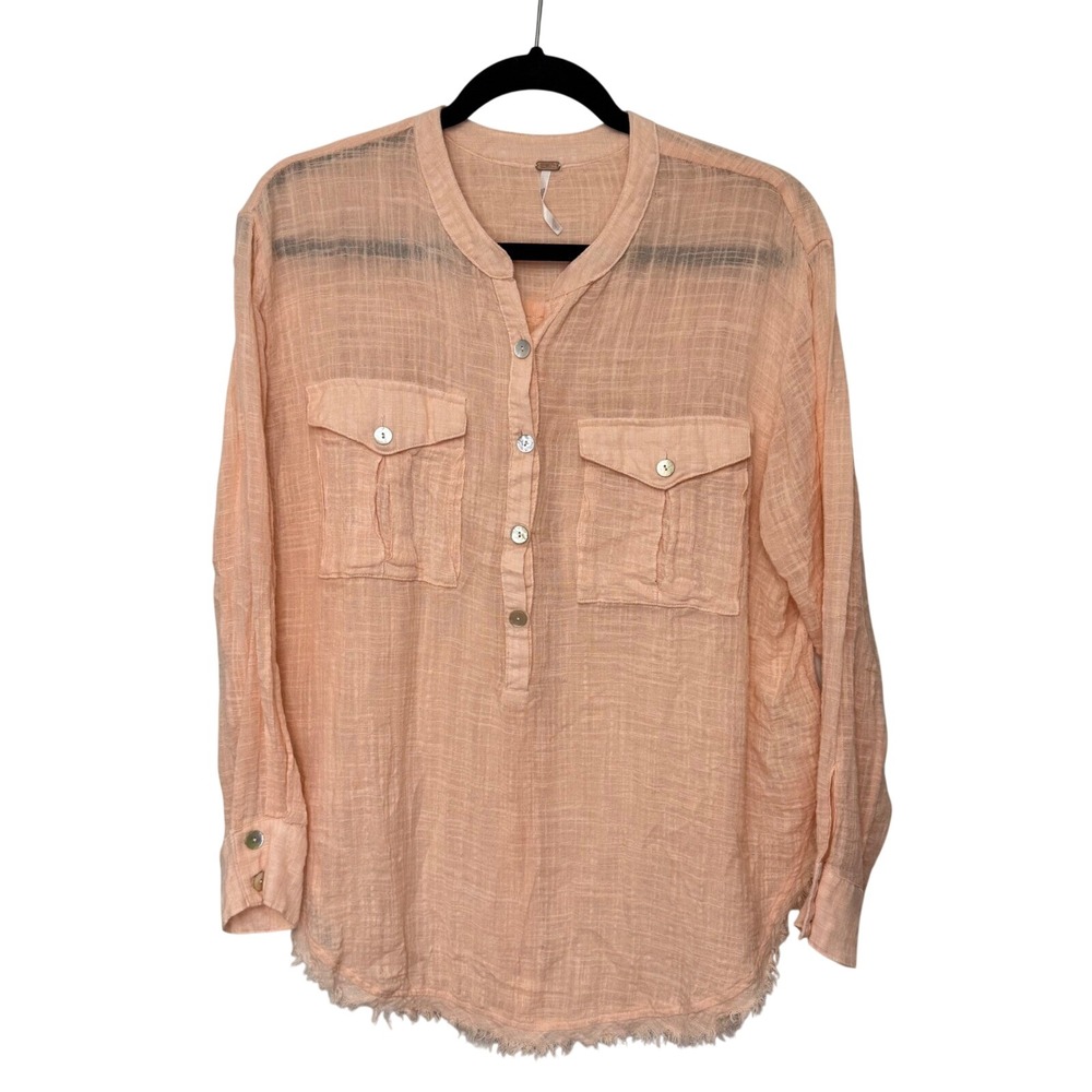 Free People Women's Tunic Talk to‎ Me Gauzy Frayed Hem Peach Small